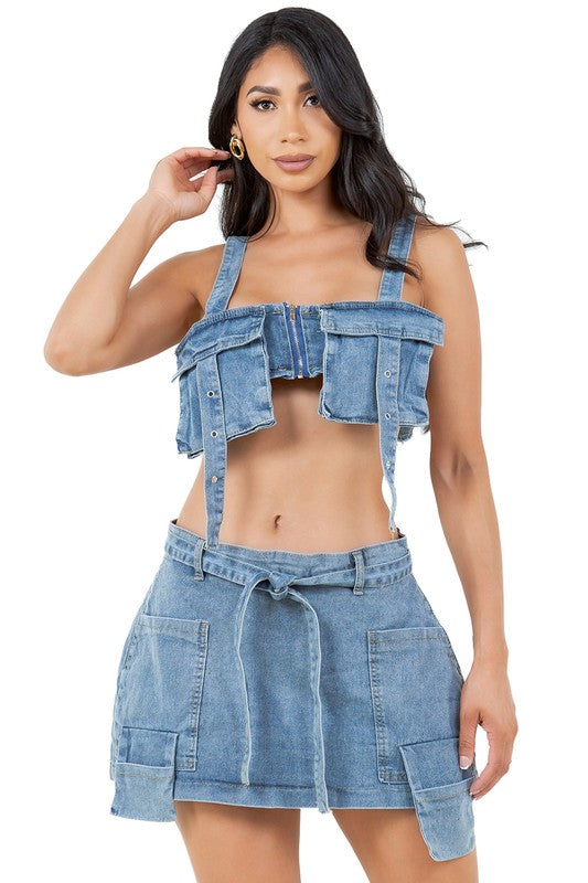 FASHION DENIM TWO PIECE SHORT SET